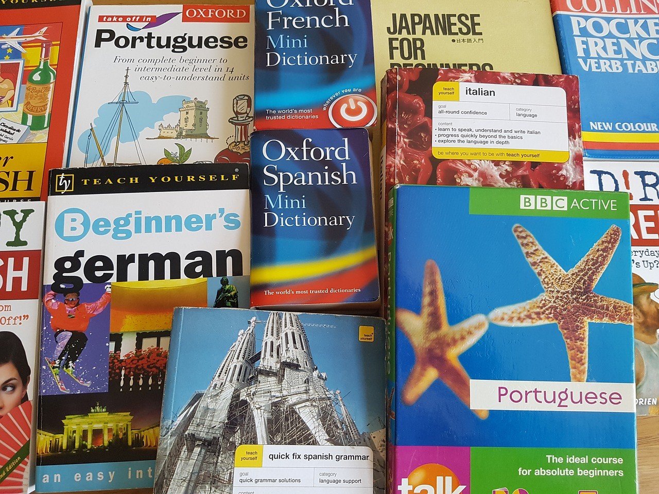 An image showing a mix of different translation books and dictionaries