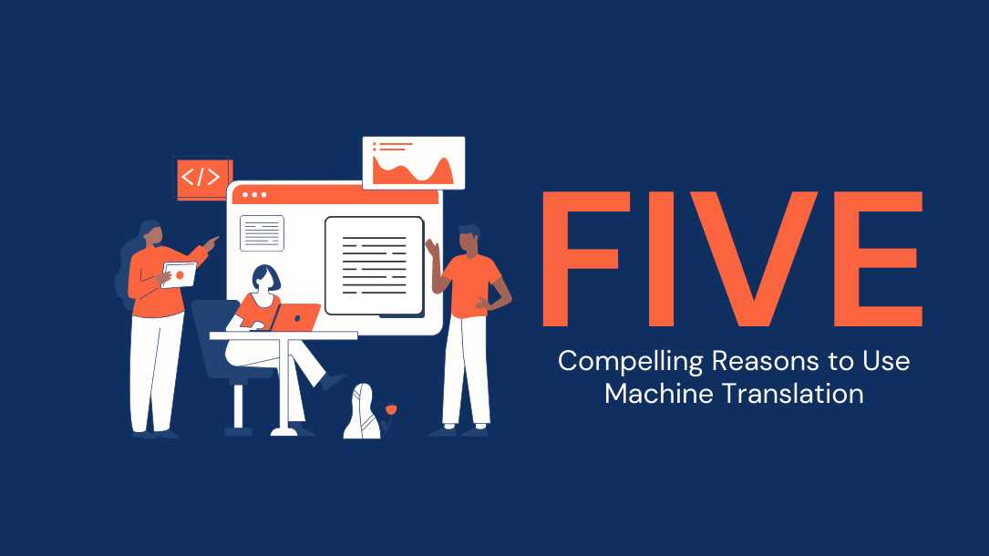 A stylized drawing of a business team gathered around a screen, utilizing machine translation tools