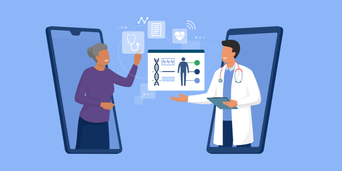 An illustration of a doctor and a patient communicating via devices